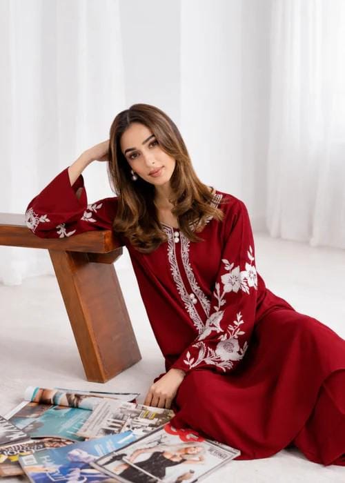 Embroidered Lawn Long Kurta Suit - 2 Piece - Maroon