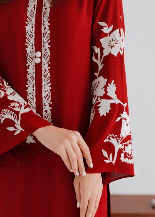 Embroidered Lawn Long Kurta Suit - 2 Piece - Maroon