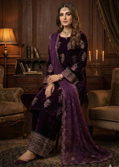 Embroidered Velvet Palazzo Suit - 3 Piece - Organza Dupatta