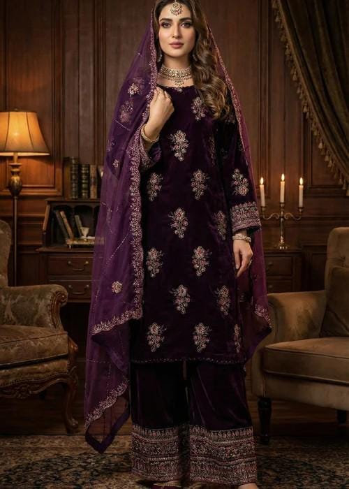 Embroidered Velvet Palazzo Suit - 3 Piece - Organza Dupatta