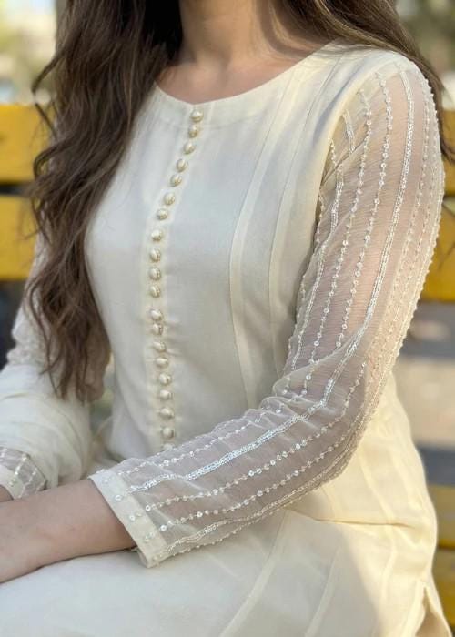 3 Piece Embroidered Chiffon Maxi Dress - Off White
