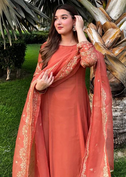 Embroidered Chiffon Suit - Coral Orange - Organza Dupatta