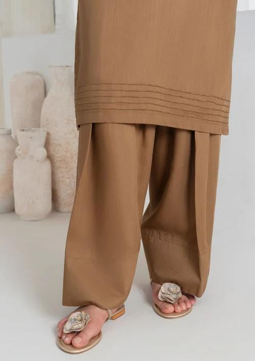 Viscose Raw Silk Farshi Shalwar Suit - Light Brown - 3 Piece - Organza Dupatta