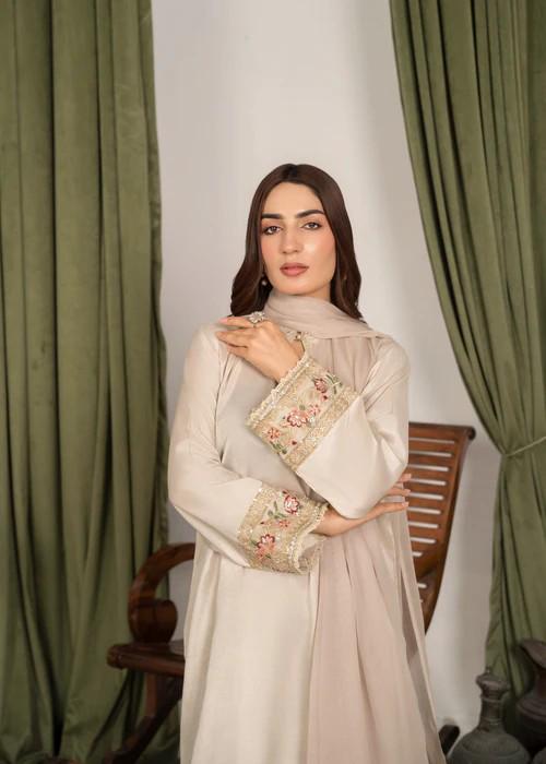 Raw Silk Farshi Shalwar Suit - Light Beige - 3 Piece - Organza Dupatta
