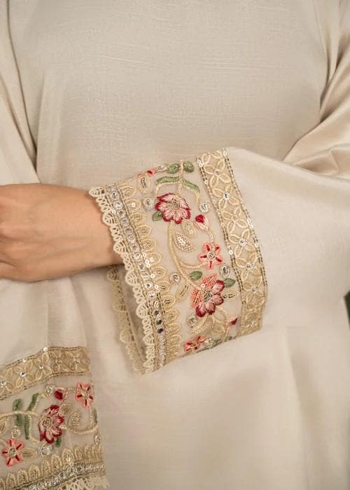 Raw Silk Farshi Shalwar Suit - Light Beige - 3 Piece - Organza Dupatta