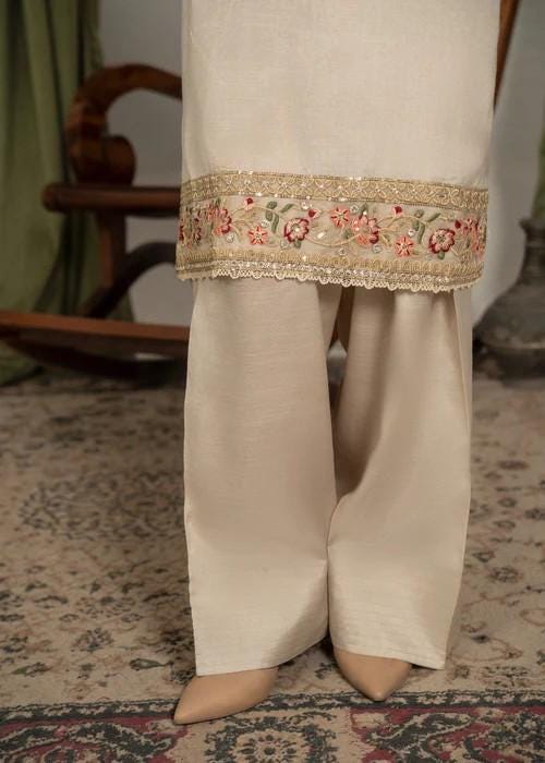 Raw Silk Farshi Shalwar Suit - Light Beige - 3 Piece - Organza Dupatta