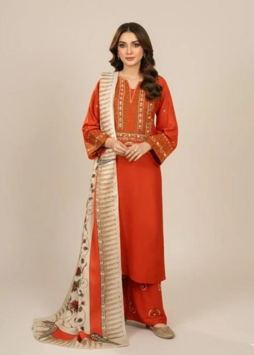 Embroidered Linen Culotte Suit - Rust Color