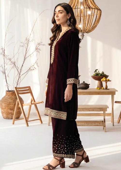 Embroidered Velvet Kurta Set - 2 Piece Designer Wear - Maroon