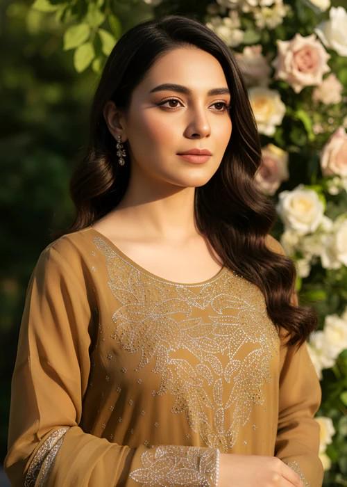 Embroidered Chiffon Palazzo Set - 3 Piece - Mustard Brown - Stone Work