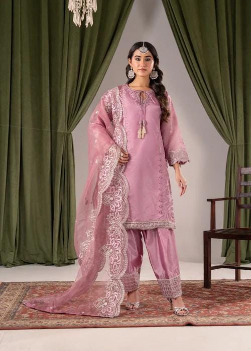 Kattan Silk Farshi Shalwar Suit - Pink - 3 Piece