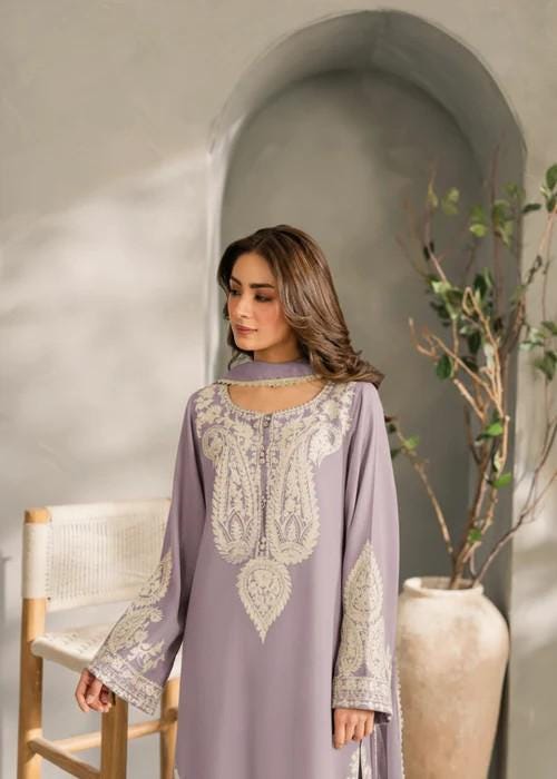 3 Piece Embroidered Linen Long Kurta and Pants Suit - Lilac