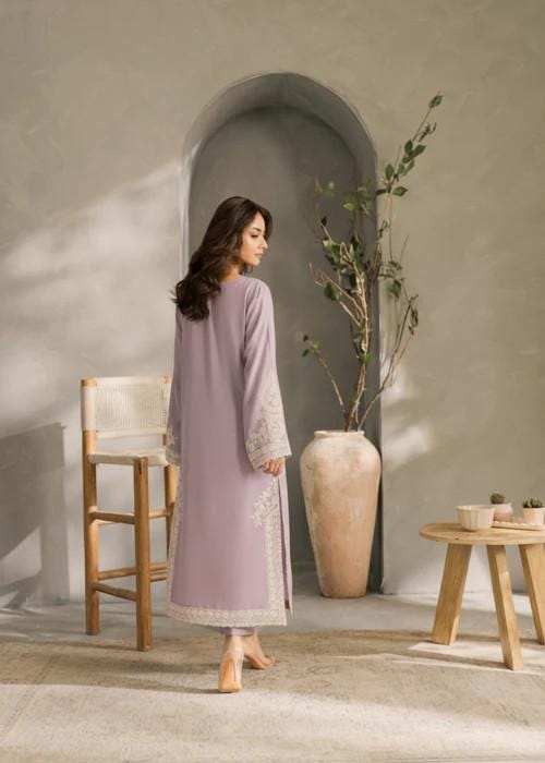 3 Piece Embroidered Linen Long Kurta and Pants Suit - Lilac