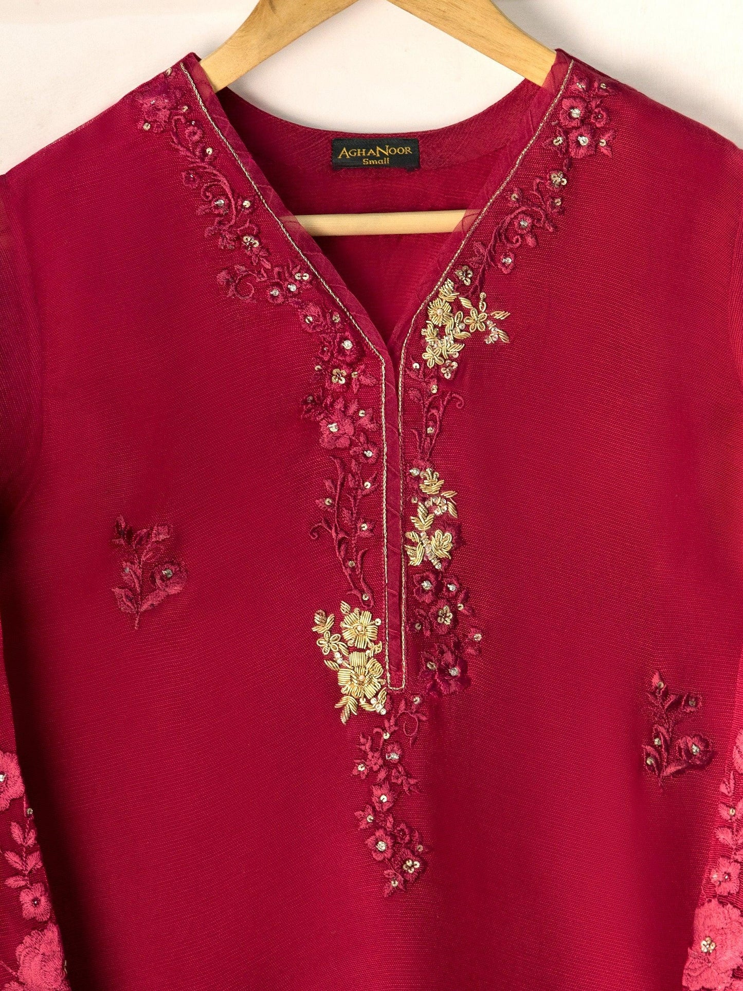 Aghanoor 2 piece - (Size- Large) -Cotton Net Embroidered Suit - Maroon - Raw Silk Pants
