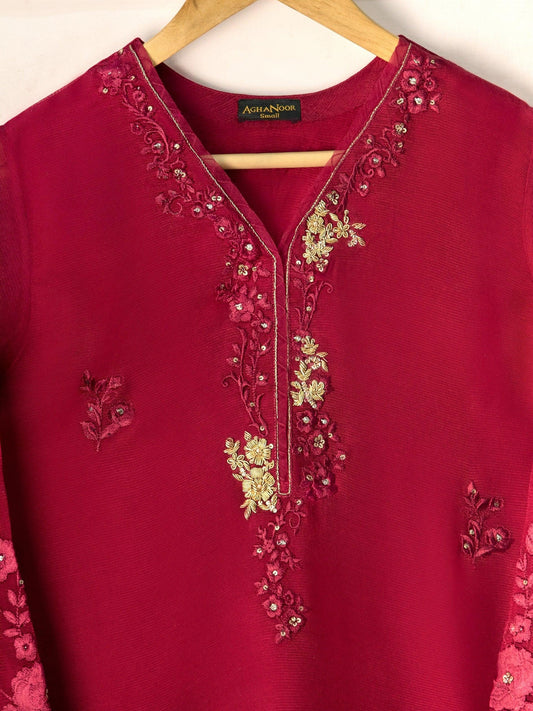 Aghanoor 2 piece - (Size- Large) -Cotton Net Embroidered Suit - Maroon - Raw Silk Pants