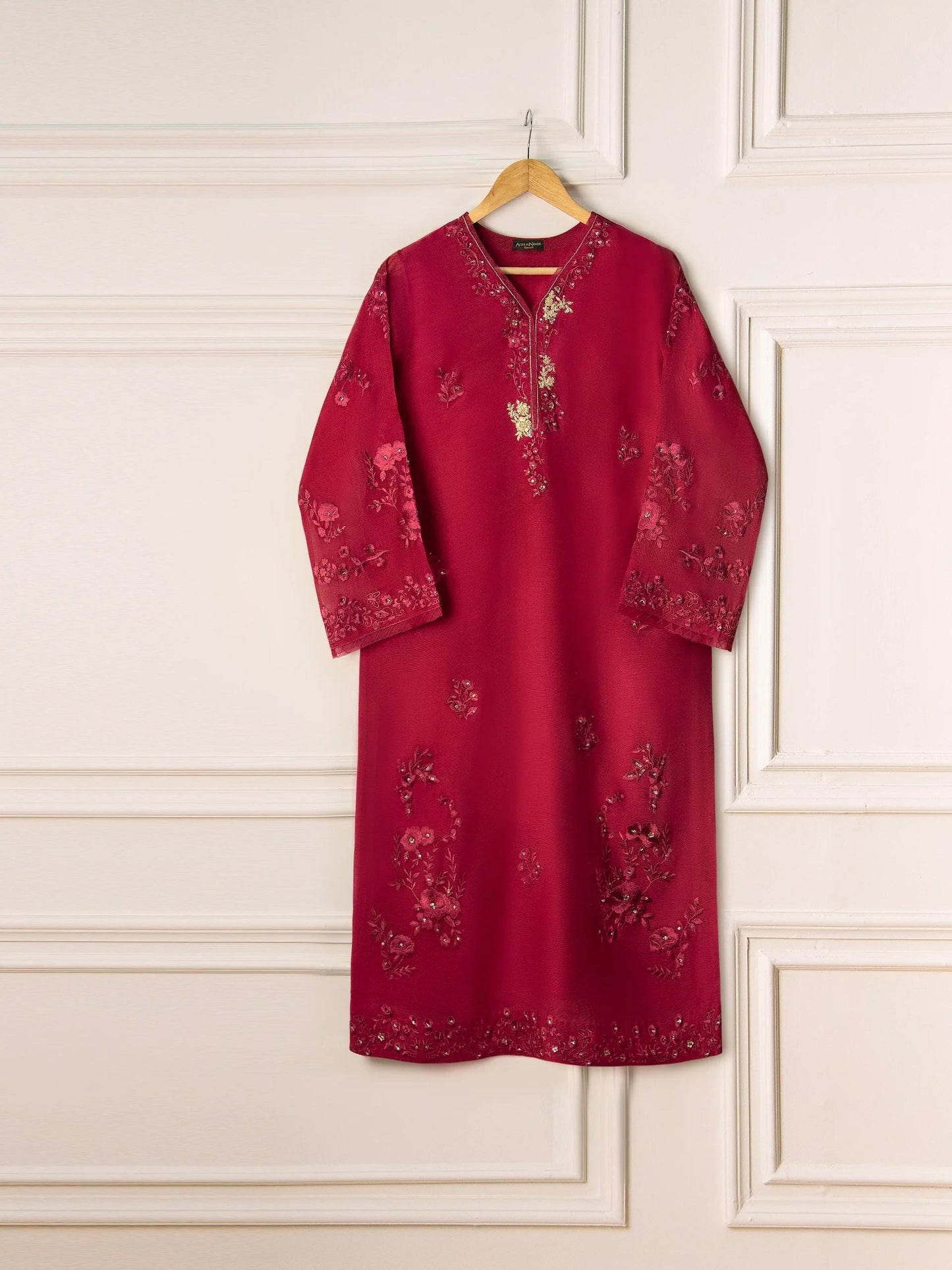Aghanoor 2 piece - (Size- Large) -Cotton Net Embroidered Suit - Maroon - Raw Silk Pants