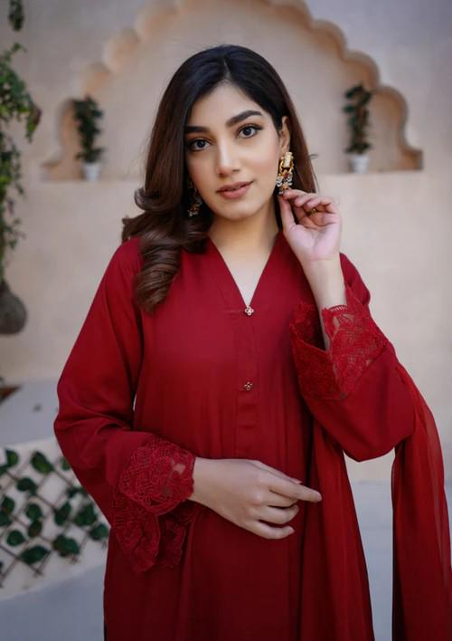 Raw Silk Farshi Shalwar Suit - Red - 3 Piece
