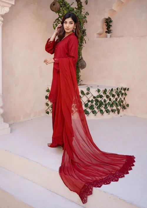 Raw Silk Farshi Shalwar Suit - Red - 3 Piece