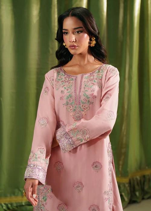 Embroidered Chiffon Kurta Set - 3 Piece - Raw Silk Palazzo