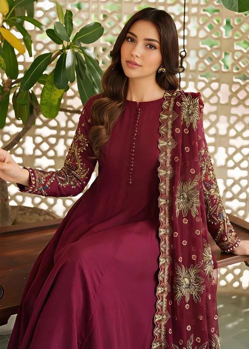 3 Piece Embroidered Chiffon Dress - Silk Trousers; Heavily Embroidered Dupatta