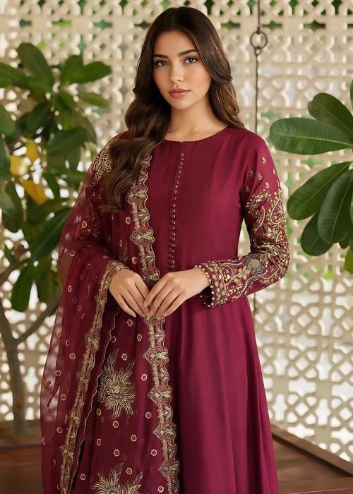 3 Piece Embroidered Chiffon Dress - Silk Trousers; Heavily Embroidered Dupatta
