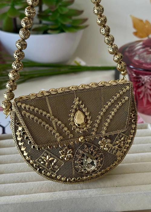 Handcrafted Moonlit Gold Mesh Clutch