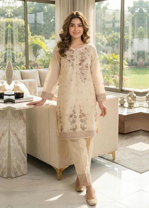3 Piece Viscose Embroidered Suit - Off White
