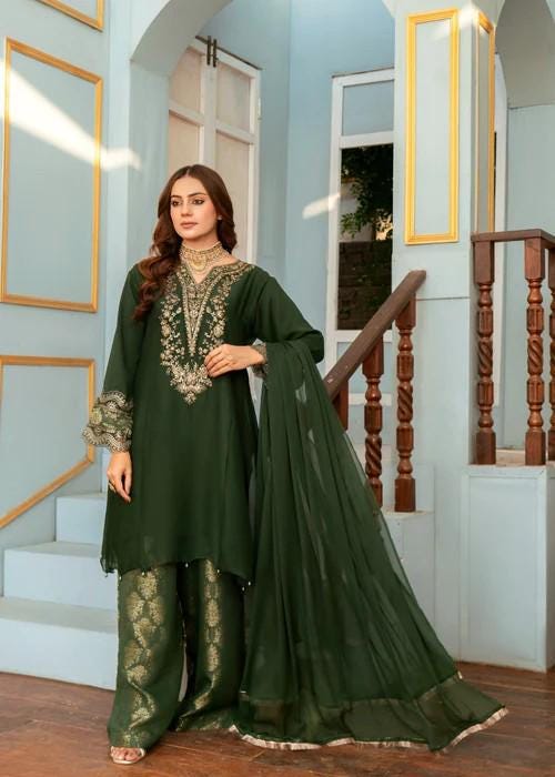 Embroidered Chiffon Short Kurta Suit - Bottle Green
