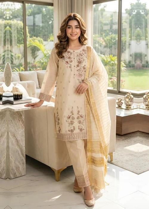 3 Piece Viscose Embroidered Suit - Off White