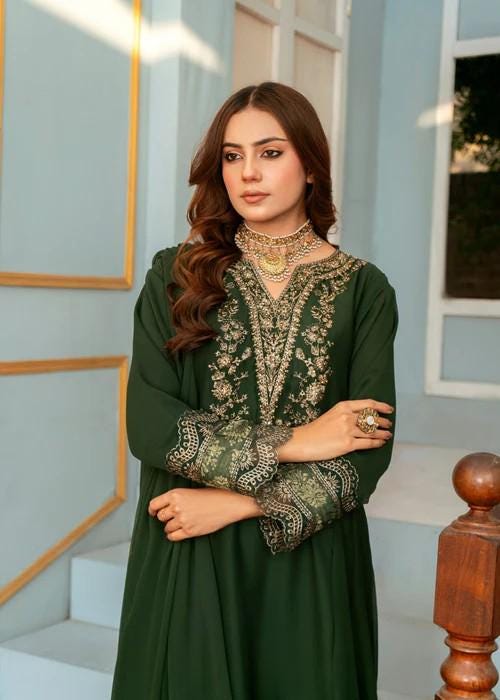 Embroidered Chiffon Short Kurta Suit - Bottle Green