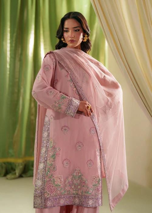 Embroidered Chiffon Kurta Set - 3 Piece - Raw Silk Palazzo