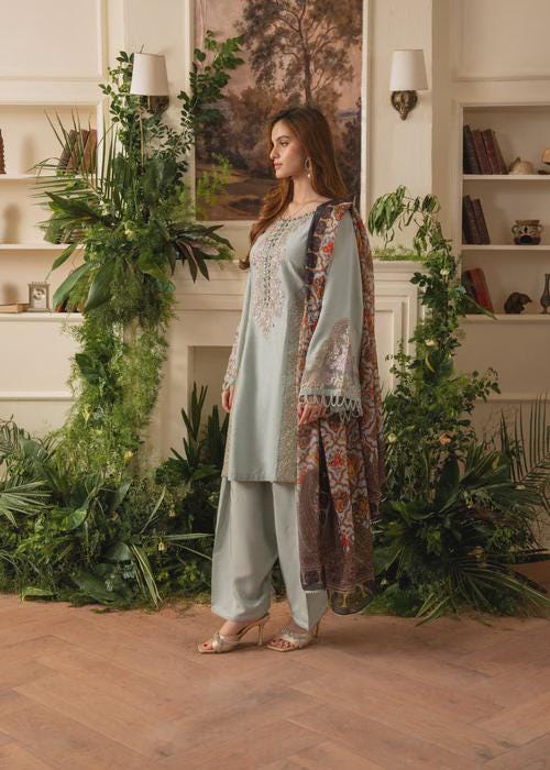 Embroidered Raw Silk Suit - Powder Blue - Printed Silk Dupatta