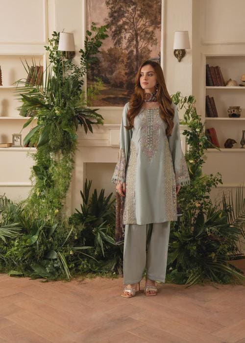 Embroidered Raw Silk Suit - Powder Blue - Printed Silk Dupatta