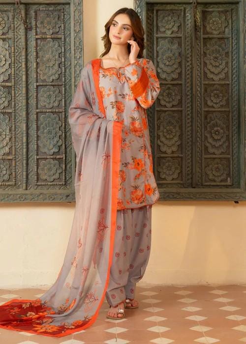 3 Piece Printed Raw Silk Farshi Shalwar Suit - Chiffon Dupatta
