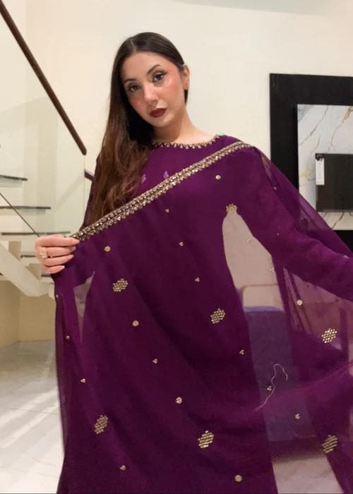 3 Piece Embroidered Chiffon Dress - Plum Color