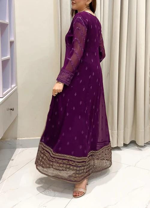 3 Piece Embroidered Chiffon Dress - Plum Color