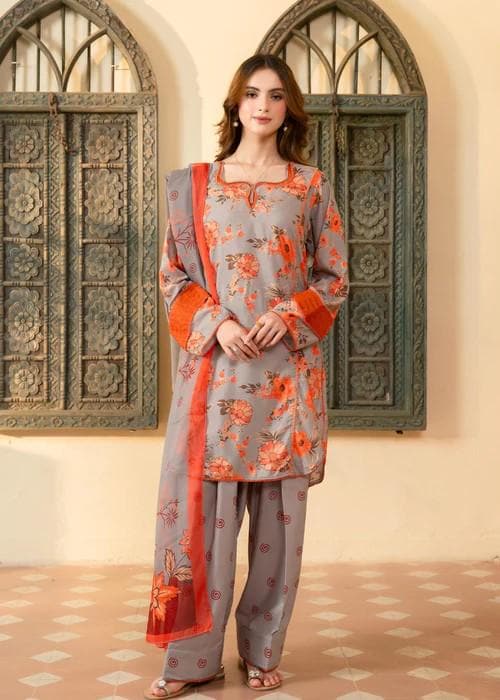 3 Piece Printed Raw Silk Farshi Shalwar Suit - Chiffon Dupatta