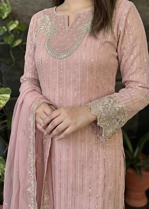 Embroidered Chiffon and Raw Silk Palazzo Long Kurta Suit