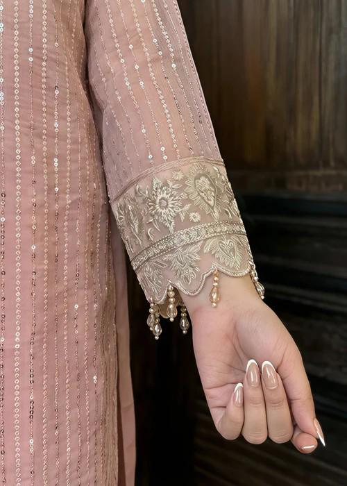 Embroidered Chiffon and Raw Silk Palazzo Long Kurta Suit
