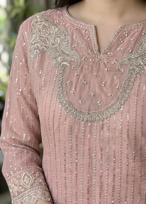 Embroidered Chiffon and Raw Silk Palazzo Long Kurta Suit
