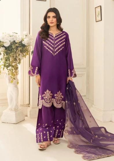 3 piece - Farshi Shalwar Kattan Silk Suit - Organza Dupatta