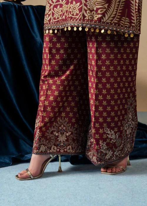 3 Piece Maroon Silk Palazzo Suit: XL - Bust 48"