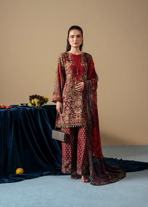 3 Piece Maroon Silk Palazzo Suit: XL - Bust 48"