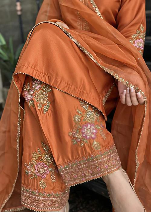 Embroidered Silk Farshi Shalwar Suit with Organza Dupatta - 3 Piece - Rust Orange