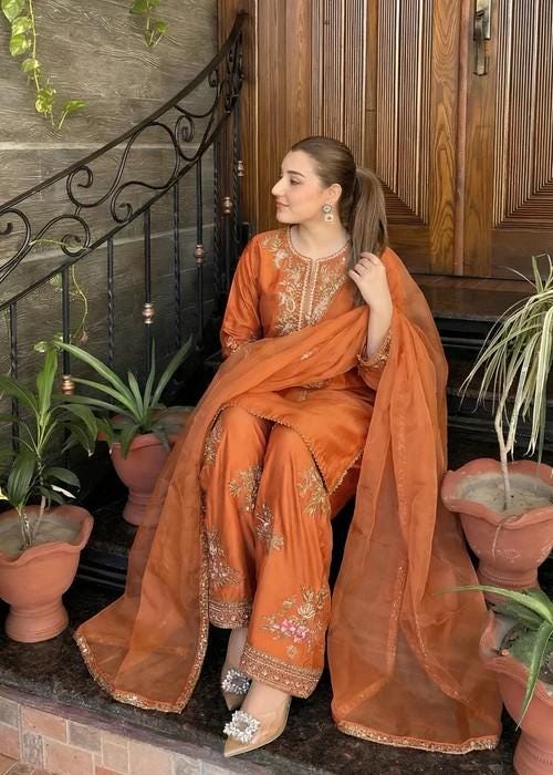 Embroidered Silk Farshi Shalwar Suit with Organza Dupatta - 3 Piece - Rust Orange