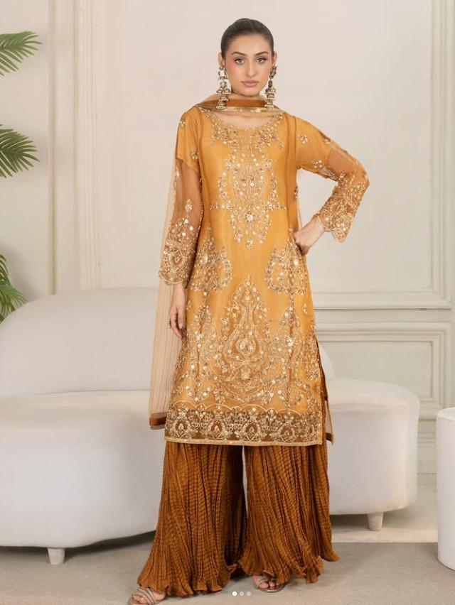 Embroidered Organza and Raw Silk Crush Sharara Suit - 3 Piece