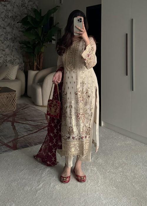 Embroidered Chiffon and Raw Silk Designer Suit - 4 Piece - Beige
