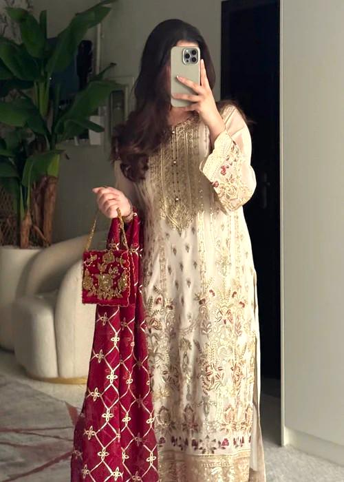 Embroidered Chiffon and Raw Silk Designer Suit - 4 Piece - Beige