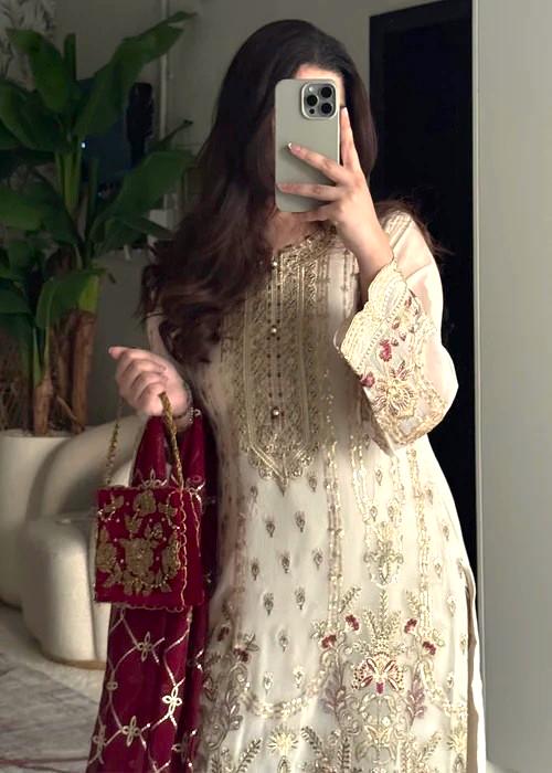 Embroidered Chiffon and Raw Silk Designer Suit - 4 Piece - Beige