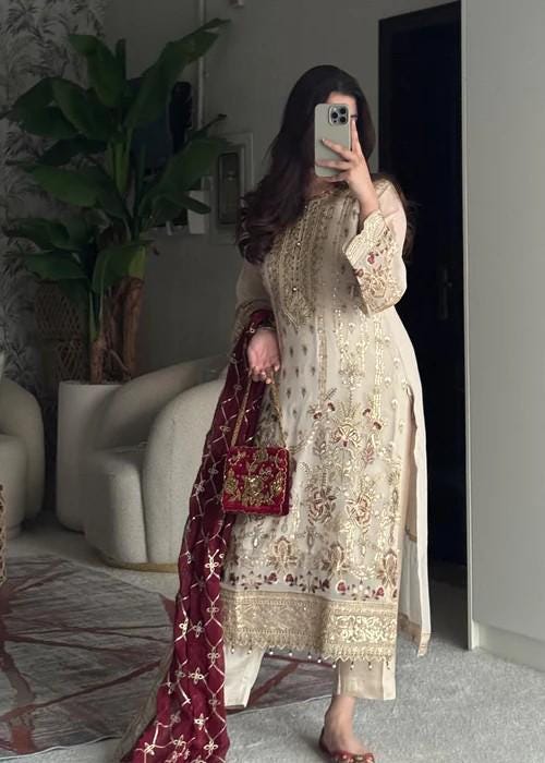 Embroidered Chiffon and Raw Silk Designer Suit - 4 Piece - Beige