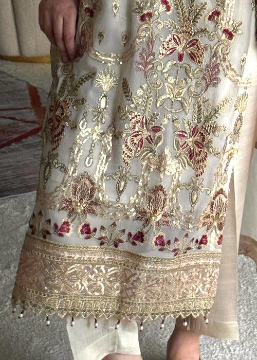 Embroidered Chiffon and Raw Silk Designer Suit - 4 Piece - Beige